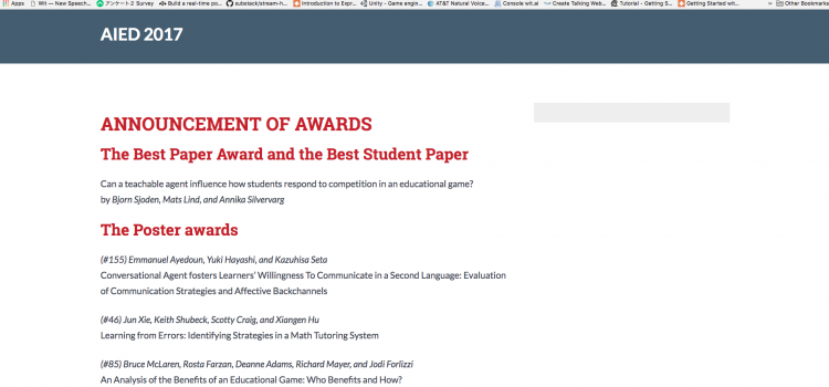 受賞：AIED 2017 Best Poster Award